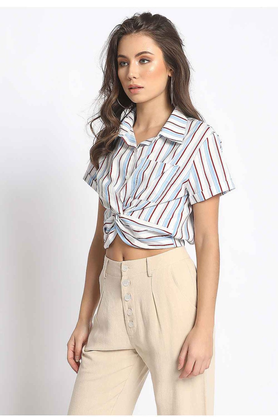 Women Sans Souci Short Sleeve Tops | Striped Button Front Top White Blue