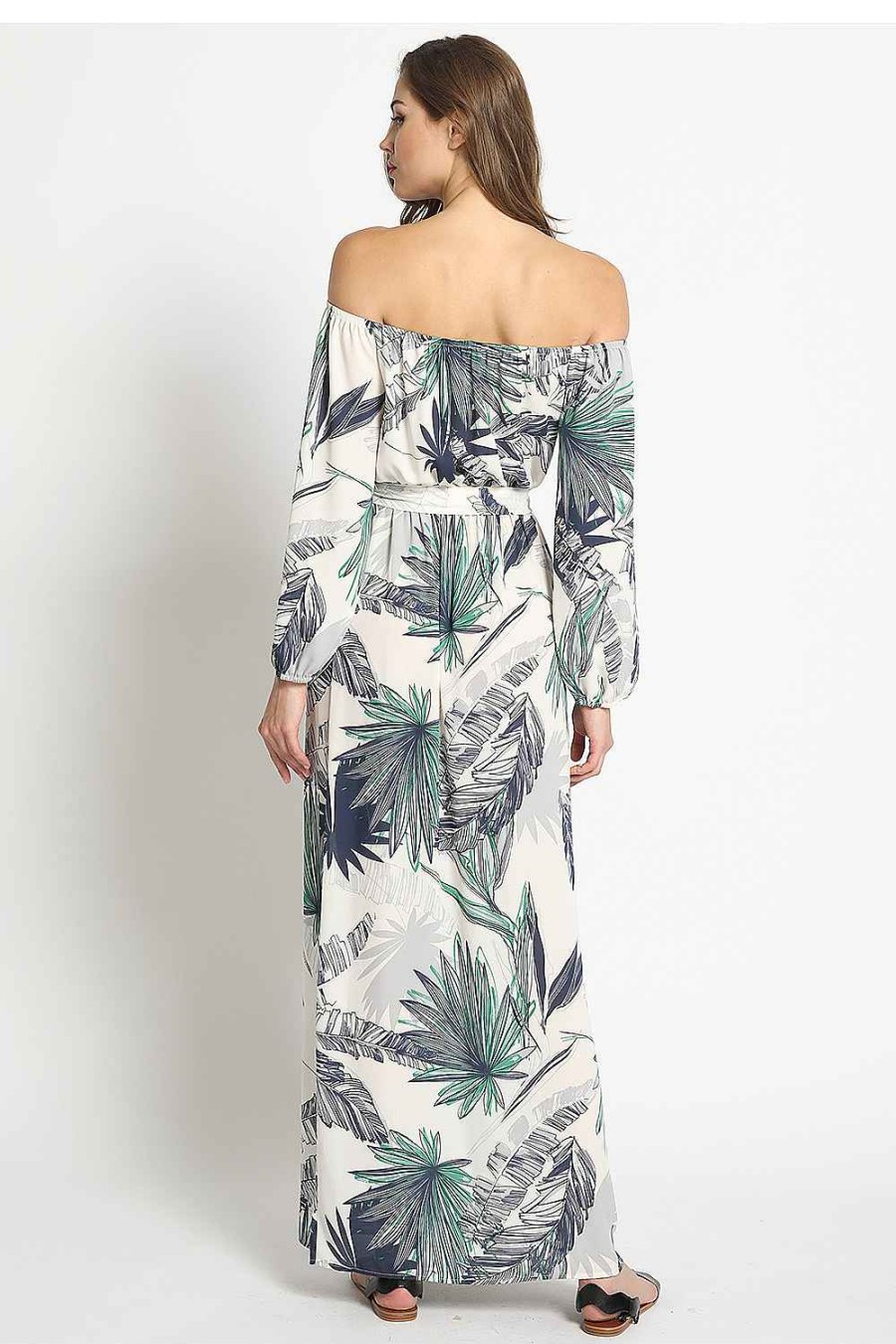 Women Sans Souci Maxi Dresses | Palm Print Off Shoulder Maxi Dress Green Grey