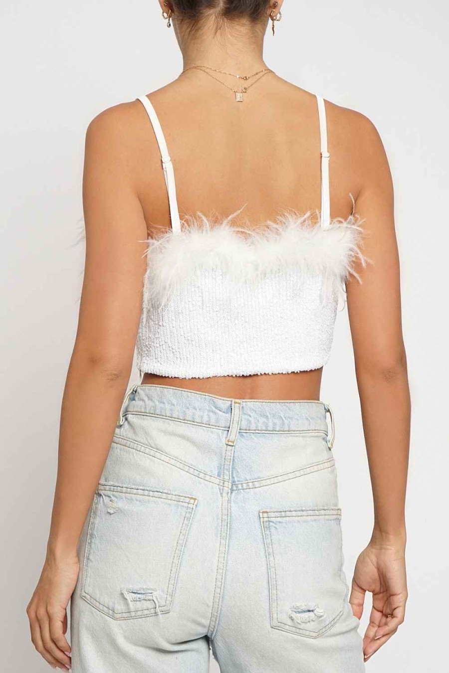 Women Sans Souci Sleeveless Tops | Feather Trim Sequin Top