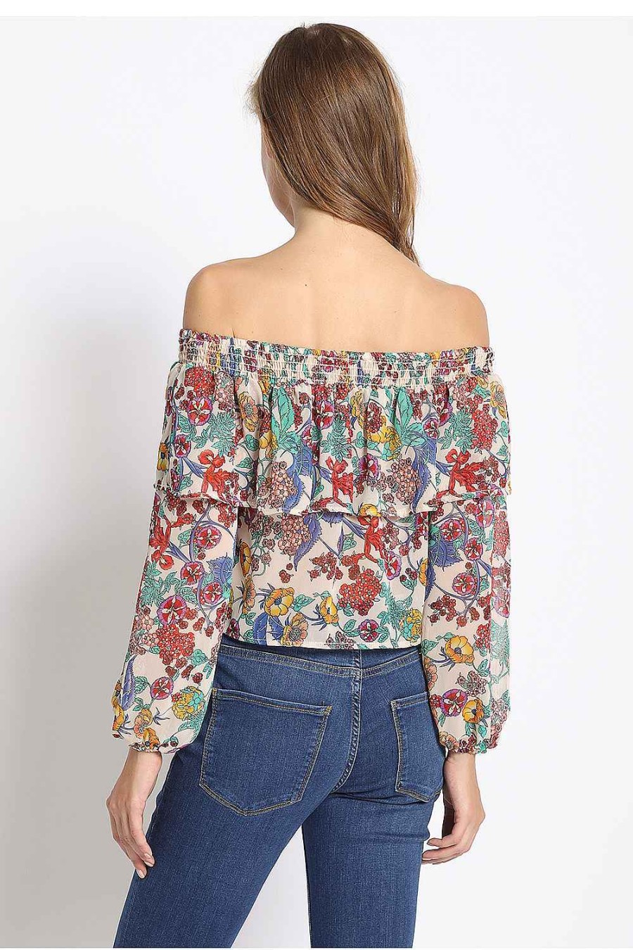 Women Sans Souci Strapless Tops | Floral Tie Front Off Shoulder Top Ivory Multi